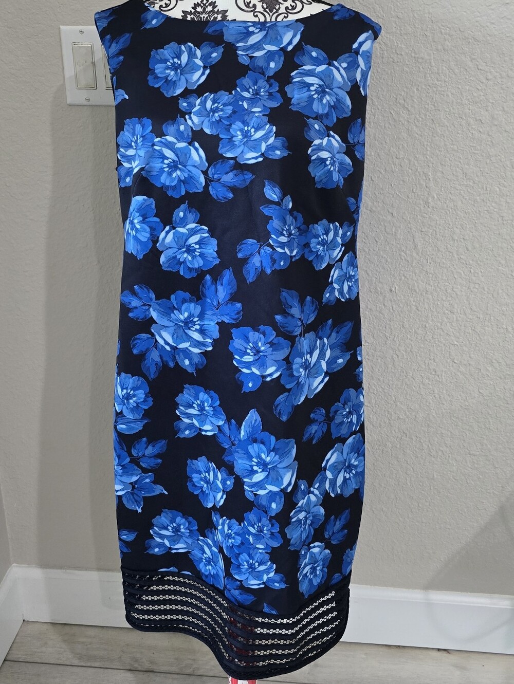 Carmen Marc Valvo Black Dress with Bold Blue Floral Print